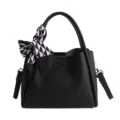 Schwarze Leder Beutel Tasche mit geometrischem Schal stilvolle Damen Handtasche Alltag - Schwarz