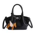 Solid color leather shoulder bag for women, stylish top handle handbag with cute horse charm. - Black