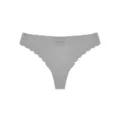 Grey seamless womens thong panties featuring scalloped edges and criss cross design. - S / Bottoms / Gray