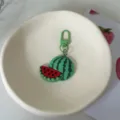 Cute watermelon shaped keychain charm with green clasp, dopamine style backpack accessory. - Watermelon