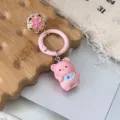 Pink cute bear keychain pendant with blue bib and bell, perfect bag charm and gift. - Pink