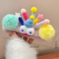 Cute plush funny big eye wide headband for women, fluffy pom pom hair hoop wash face hair band - B Purple