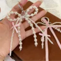 Pearl bow keychain phone charm elegant white pearls pink ribbon cute bag pendant accessories - Double Bow Pearl Ring Keychain