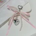 Pearl Bow Keychain Silver Heart Bag Charm Cute Phone Case Pendant Aesthetic Accessory - Pink Bow - Heart Clasp