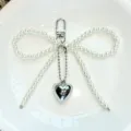 Pearl bow keychain with silver heart pendant, cute bag charm and metal keyring accessory. - Pearl Heart Bow (Gate Clasp)
