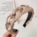 Elegante diadema trenzada de satén caqui con diamantes de imitación para mujer. - Trenzado Retorcido / Champán