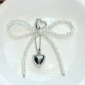Cute pearl bowknot charm keychain with heart pendant for bag accessory and phone case gift - Pearl Heart Bow (Heart Clasp)