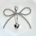 Silver metal bead bow keychain with heart pendant for bags and phone cases cute accessory - CCB Heart Bow (Heart Clasp)