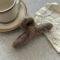 Brown plush hair claw clip large size winter cozy fashion shark clip for women styling accessory - Dark Coffee