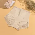 Close-up of high-waisted shaping panty, featuring delicate lace trim and abdominal support panel. - S / Nude