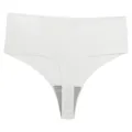 Detail view of women solid white seamless high waist ice silk thong underwear piece. - XS / White