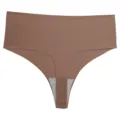 Detailed view of seamless high-waist ice silk thong underwear, breathable solid color fabric. - XS / Coffee