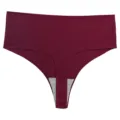 Close-up detail of high-waist seamless ice silk thong with breathable crotch lining. - Dark Red