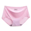 Women ice silk seamless mid-waist briefs solid color comfortable underwear detail view - Pink
