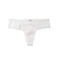 Close-up detail of sexy white lace thong for women, featuring delicate floral lace and bow. - White