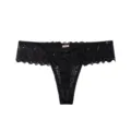 Black lace thong detail view, featuring delicate floral patterns, exquisite craftsmanship and design. - S / Bottoms / Black