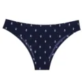 Primo piano dettagliato di slip da donna senza cuciture blu scuro con stampa cigno. - Cigno