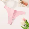 Pink seamless thong women underwear minimalist breathable solid color comfortable solid panties detail view - S / Pink