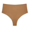 Close-up detail of women seamless high-waist ice silk thong underwear in nude color. - XS / Bottoms / Coffee