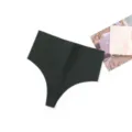 Detail view of a solid black seamless high-waist thong, soft and invisible for daily wear. - Dark Green