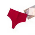Red seamless high waist thong detail view, comfortable soft fabric for women daily wear. - XS / Burgundy