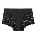 Detail shot of black women lace panties breathable ice silk fabric with hollow floral lace sides - S / Black