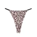 Detailed view of the women low waist leopard print thong with black side straps, seamless. - Pink Leopard