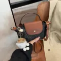 Kleine gewebte Umhaengetasche mit PU Leder Klappe Henkeltasche Damen Handtasche Alltag - Schwarz