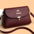 Elegante Damen Umhängetasche Vintage Stil geprägtes Leder Handtasche mit Metall Blatt Dekoration - Burgunderrot
