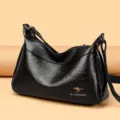 Schwarze PU Leder Damen Umhängetasche Große Kapazität Freizeit Messenger Handtasche - Schwarz