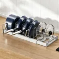 Retractable kitchen organizer rack for cookware pots and lids, punch-free countertop storage. - 7 Wires / Gray