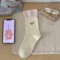 Chaussettes femme mignonnes broderie chiot avec revers rose volants chaussettes coton confort. - Taille unique / Blanc Laiteux