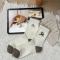 Calzini donna in cotone simpatico cucciolo ricamo punta marrone fiocco design estetico - Taglia unica / Cucciolo Fiocco Bianco