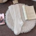 Calze lunghe in maglia di pizzo bianco da donna autunno, morbide comode calze vintage arricciate. - Taglia unica / Bianco