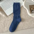 Dark blue vintage hollow knit mid-tube socks for women, retro cozy spring autumn socks. - One Size / Blue