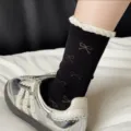 Calze al polpaccio nere con fiocchi graziosi e volant bianchi, stile core balletto trendy. - Taglia unica / Nero