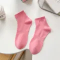 Cute pink cotton short socks with cat embroidery, casual college style women socks for daily wear. - One Size / Deep Pink