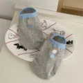 Grey women's short boat socks with blue ribbed cuffs and cute button embroidery decoration. - One Size / Gray