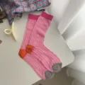 Women summer sheer hollow-out mid-calf socks with colorful contrasting heels and toes. - One Size / Pink