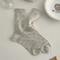 Grey ruffled polka dot socks for women, cute frilly lace trim mid tube cotton socks spring. - One Size / Grey-Beige