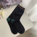 Summer sheer mesh crew socks for women, black with brown cuff and green heel contrast style. - One Size / Black