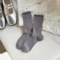 Grey cotton ribbed mid tube socks for women, summer thin lace ruffle design ballet style hosiery. - One Size / Dark Gray