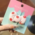 Adorable bow hair clip featuring red polka dots and cherry print on pastel backing card. - Bowknot Polka Dot Apple Style