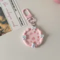 Cute pink round plate keychain with bow and floral design, sweet macaron bag charm and gift. - Pink