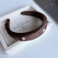 Brown velvet headband for women, elegant padded hair hoop with cute white embroidered polka dots. - Dark Brown Velvet Polka Dot Headband