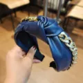 Blue leather knotted headband with gold chain, chic luxury hair hoop for women style. - Navy Blue