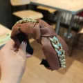Brown leather knotted headband with gold chunky chain, stylish and elegant hair accessory for women. - Coffee (Tiger Eye Texture)