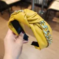 Yellow PU leather knotted headband with chunky gold chain stylish hair accessory for women - Yellow