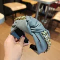 Grey leather knotted headband with gold chunky chain, stylish chic hair accessory for women. - Gray