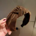 Brown velvet knotted headband for women, wide brim daily hair accessory and stylish hair hoop. - Coffee